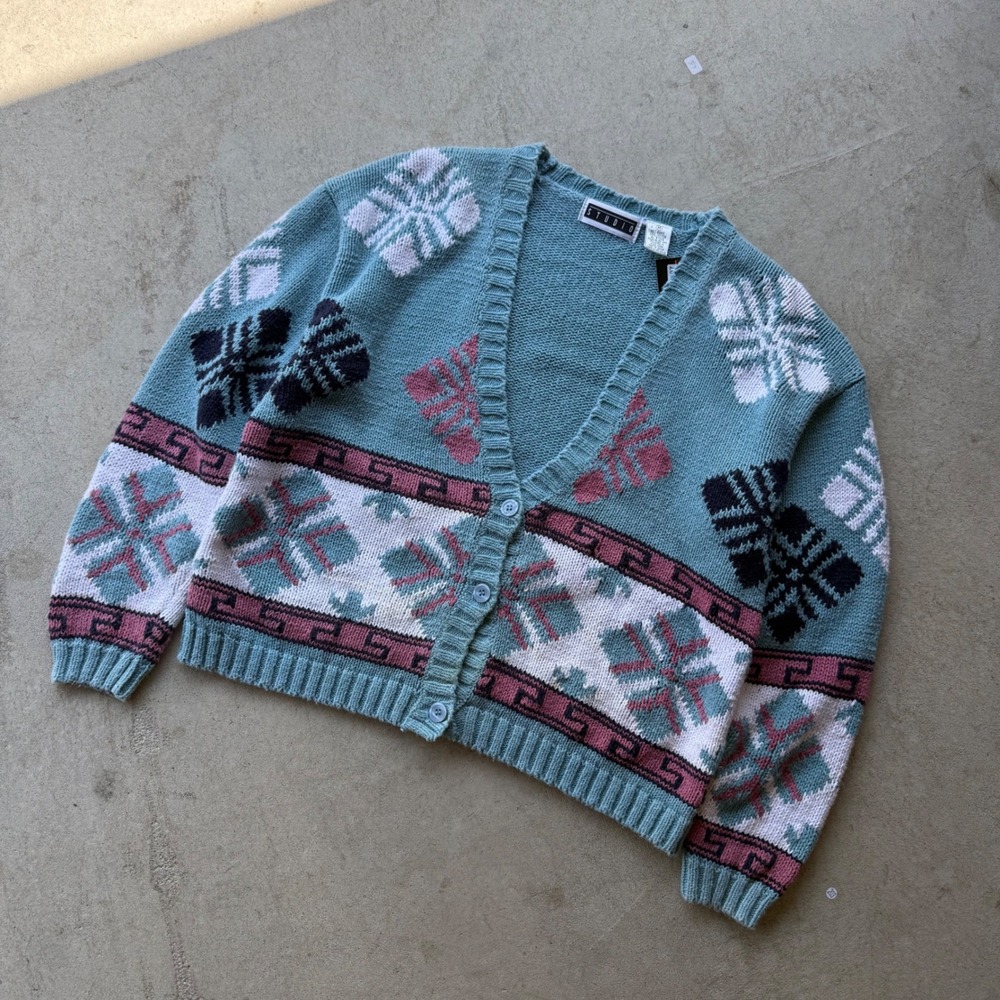 90s Womens Studio Geometric Fair Isle Knit Button Front Cardigan Sweater Medium
